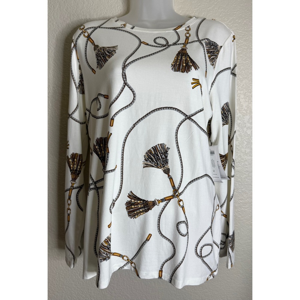 Chicos 2 US Large Status LS Layer Tee Ecru Rope Tassel Print Equestrian NEW